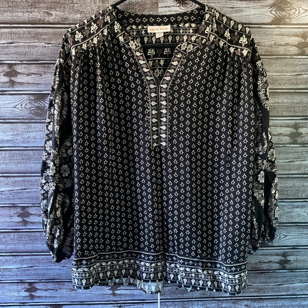 Knox Rose Women's Long-Sleeved‎ Top Blouse Size L Black White Gray V-Neck